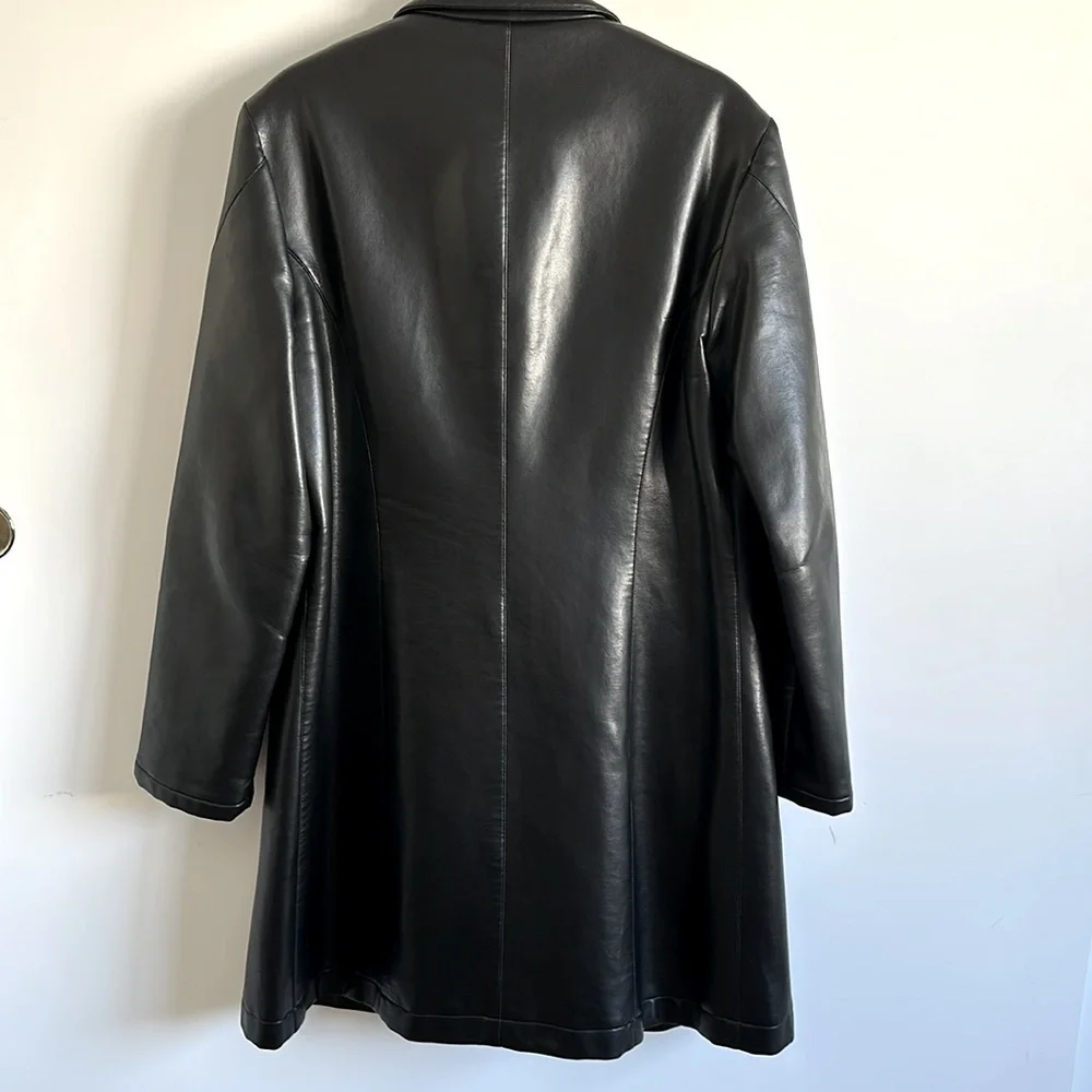Emporio Armani Black Faux Leather Coat Zipper Front Size 52 Italian - Picture 9 of 14